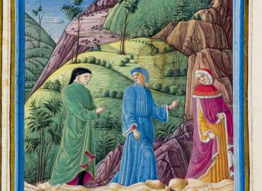 This image depicts three men walking on Mt. Purgatorio: the Roman poet Virgil, Dante, and the Roman poet Statius, who calls out so that the two men look back to see him (drawn from Dante’s Purgatorio, Canto 21)